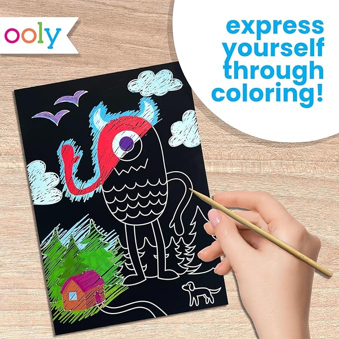 Ooly Scratch & Scribble 10pc Art Kit with 8 Total Scratch Cards (4 Illustrated, 2 Blank, 2 Rainbow) with Scratching Tool and Sparkled Stickers, Art Set Gifts for Kids - Monster Pals