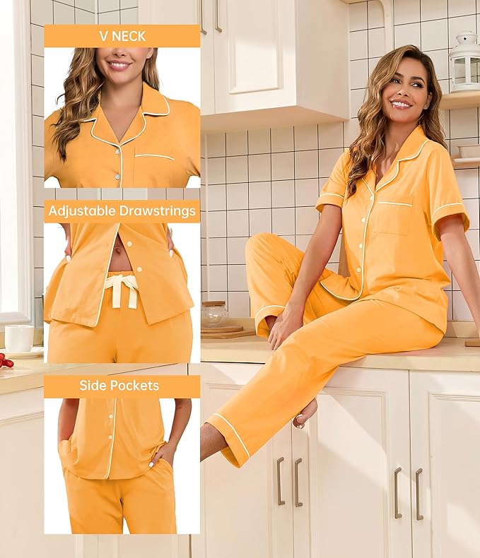 CF Womens 100% Cotton Pajamas Set Button Down Pjs Sets Short Sleeve Top & Long Pants Sleepwear Comfy Loungewear with Pockets