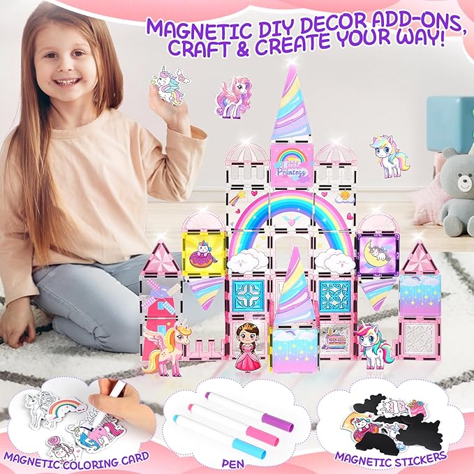 Diamond Magnetic Tiles Unicorns Princess Castle with Magnetic Art Decor Kit, Unicorn Toys for Girl 3 4-6-8, Magnet Tiles for kids 4-8 5 6 7+ Girl Gifts,Magnet Toys Include 5 Dolls,Rainbow,Candy,Decors