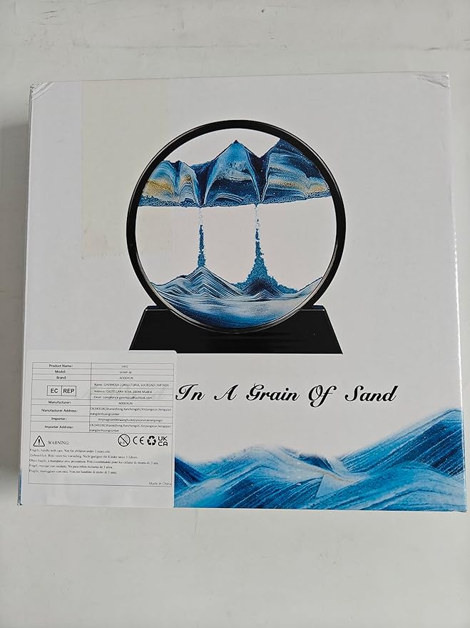 Aoderun Moving Sand Art Picture Round Glass 3D Deep Sea Sandscape in Motion Display Flowing Sand Frame Relaxing Desktop Home Office Work Decor (7", New Blue)