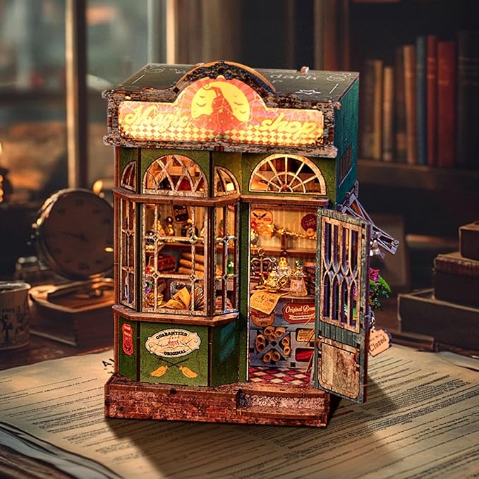 DIY Book Nook Kit, Miniature Bookshelf Decor with LED Lights, Laser-Cut Wooden Craft Set for Adults, Creative Gift for Christmas, Birthday, Magic Shop