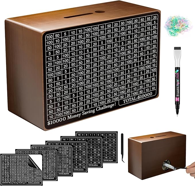 Wooden Money Saving Box, Cash Savings Box for $10000 $5000 $3000 $1000 $800 $500 Target Money Saving Challenge, Money Box with Counter/Dry Erase Pen/Savings Trackers/Rubber Band-Brown