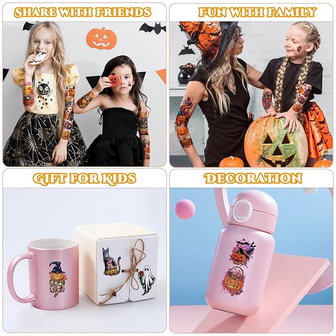 Kids Full Arm Temporary Tattoo, 52 Sheets Halloween Fake Tattoos Realistic for Boys Girls Halloween Party Favors, Pumpkin Ghost Reaper Bat Vampire Coffin Witch Rainbow Cat Spaceship Lasting Tattoos