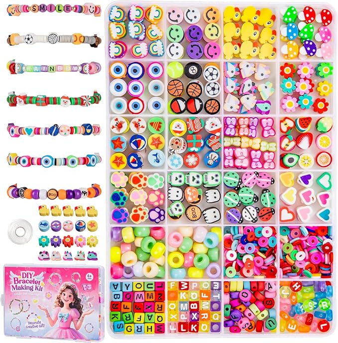 Taybonds Polymer Clay Beads Charms Bracelet Making Kit for Kids Age 6+, 740pcs DIY Jewelry Making with Pony Beads, Letter Beads, Charms & Elastic Cord – Gift for Girls Crafting and Creative Play