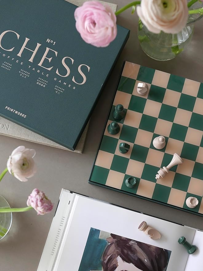 Printworks Classic Chess – Green Wooden Chess Set with Acrylic Board – Stylish Coffee Table Game for Adults & Kids Ages 5+ – Multilingual Instructions Included