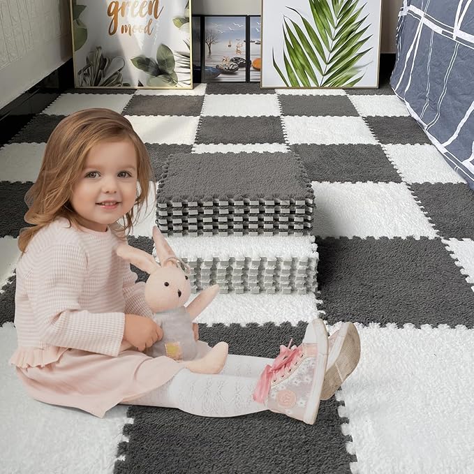 16pcs 0.6" Thickened Interlocking Tile Mats,Fluffy Shaggy Soft EVA Foam Area Rug for Living Room & Bedroom,Non-Slip Protective Floor Carpet Play Mat Kids Baby Dorm Home Decor (11.8ft, White)