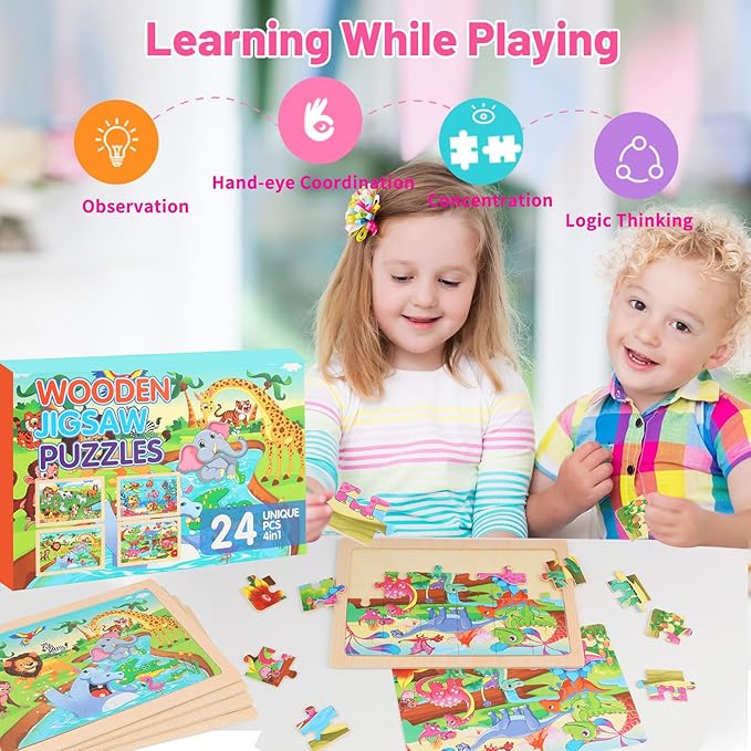 Wooden Puzzles for Kids Ages 4-6, 24 Piece Animal Dinosaur Marine Farm Jigsaw Puzzles 4 Packs, Preschool Toddlers Learning Activity Puzzles Toys for Boys Girls 3 4 5 6 Years Old