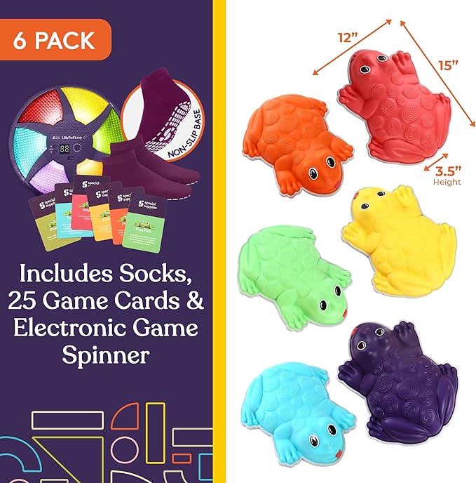 Special Supplies Stepping Stones for Kids - Set of 6 Frog Balance Blocks - Indoor/Outdoor Play - Child Safe Rubber, Non-Slip Edging - Promotes Coordination, Balance, Strength, Game Included