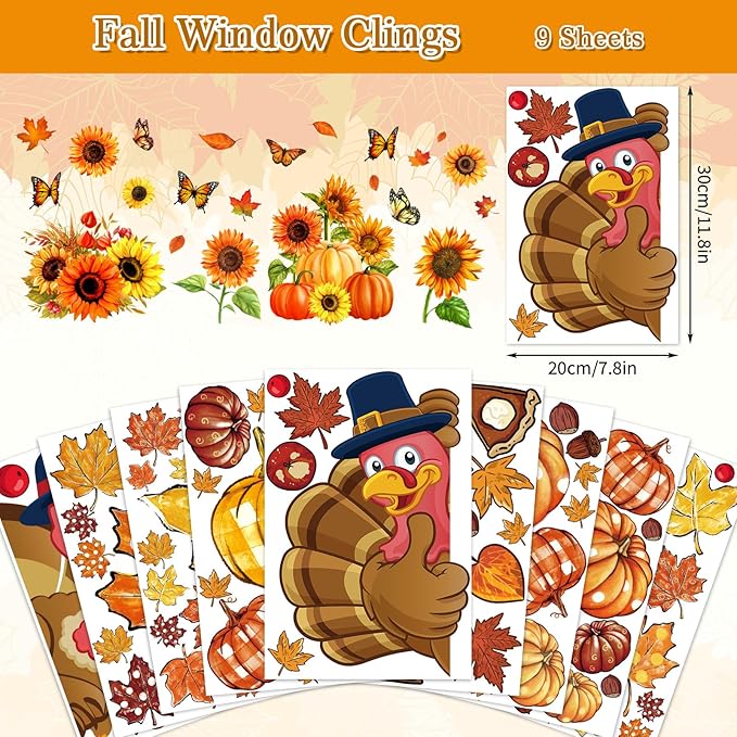 Whaline 9 Sheet Thanksgiving Fall Window Clings Turkey Pumpkin Maple Leaf Reusable Window Decals for for Autumn Harvest Seasonal Holiday School Office Supplies Glass Home Decor
