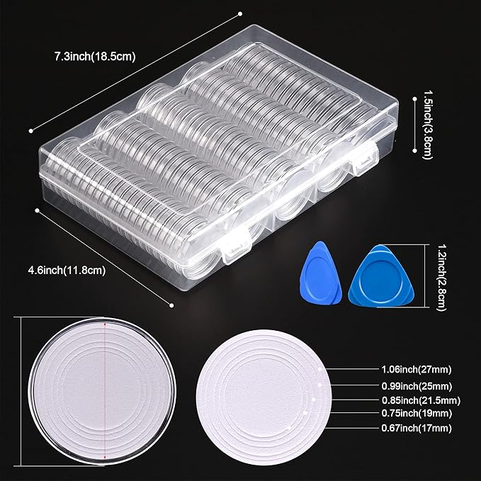 SPLF 100 Pieces 30mm Coin Capsules and 5 Sizes (17/19/21.5/25/27/29.5mm) White Protect Gasket Coin Holder Case with Plastic Storage Organizer Box for Collection Supplies