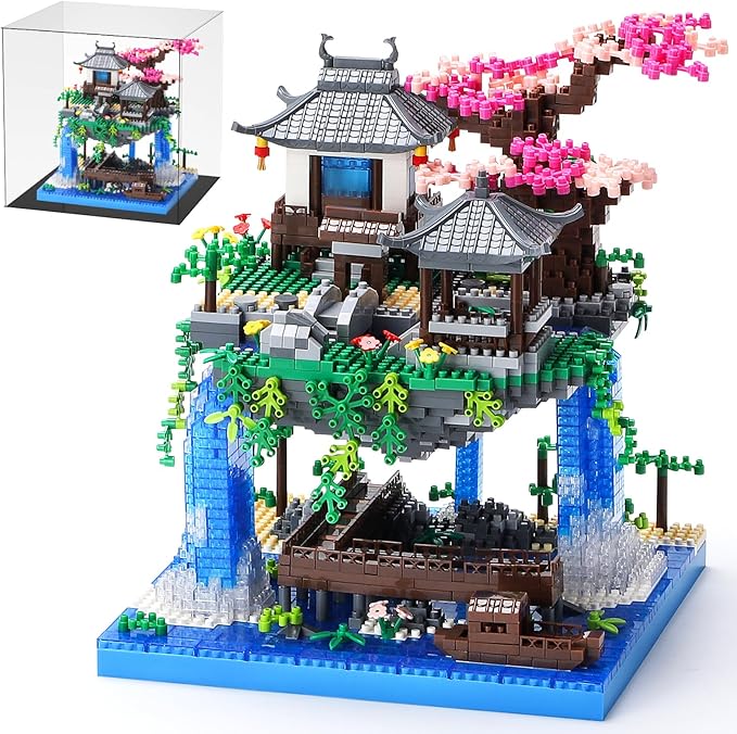 Cherry Blossom Treehouse Micro Mini Building Block Sets with Acrylic Display Box Japanese Bonsai Tree Peach Blossom Pool Architecture Building Model Toy Gift for Adults 2500 Pieces