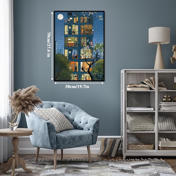 Cozy City Building Puzzle for Adults 1000 Piece, Relax Night Light Scenic Jigsaw Puzzle, Spring Cherry Blossom Tree Puzzle as Home Decor