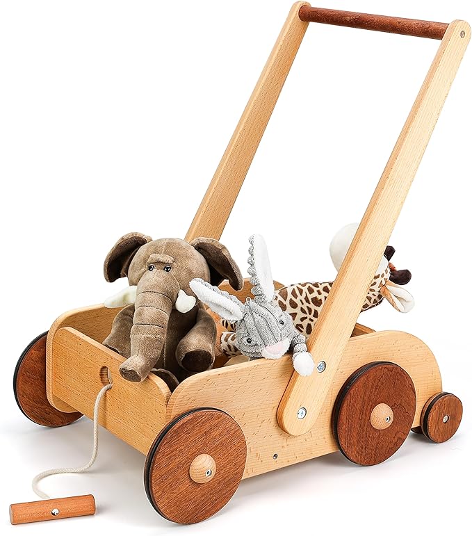 Woodtoe Wooden Baby Walker, Adjustable Speed Anti-Rollover Push Walker Toy for Babies Learning to Walk, Natural Wood Toddler Push and Pull Toys Wagon Birthday Toy for Boy Girl 1-3(Patent Protection)