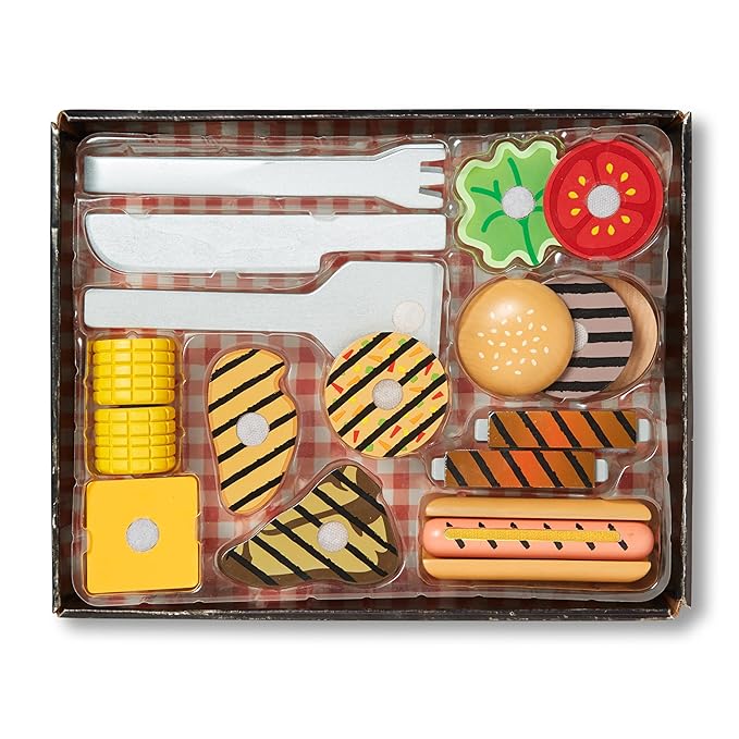 Melissa & Doug Grill and Serve BBQ Set with Pretend Play Toy Food & Kids Play Kitchen Accessories, Preschool Learning Toys for Girls & Boys 3+