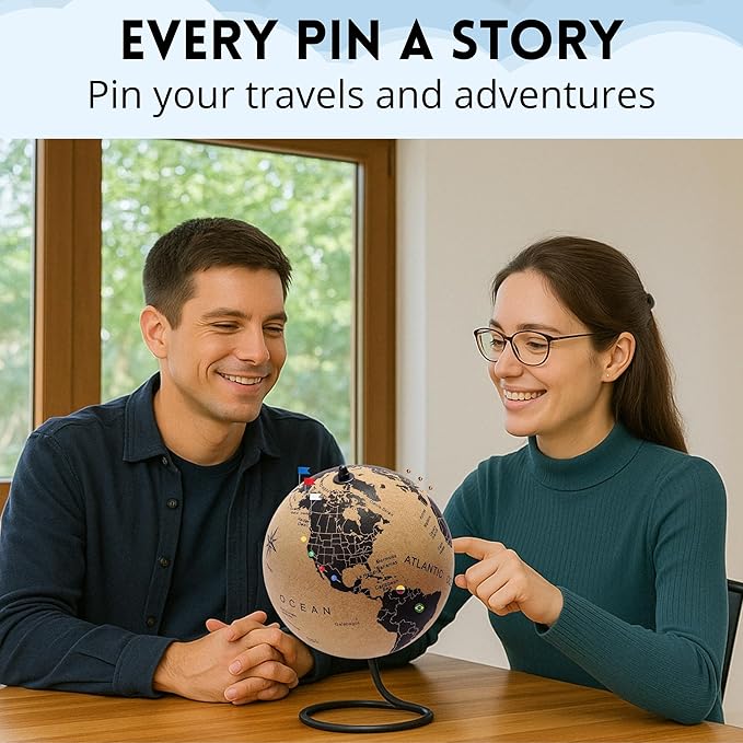 Medium Cork Globe 9.4" Tall | World Travel Map with Metallic, Colored & National Flags Push Pins | 3D World Map Pin Board for Home or Office | Unique Gift for Travelers, Couples & Families | Push Pin Map