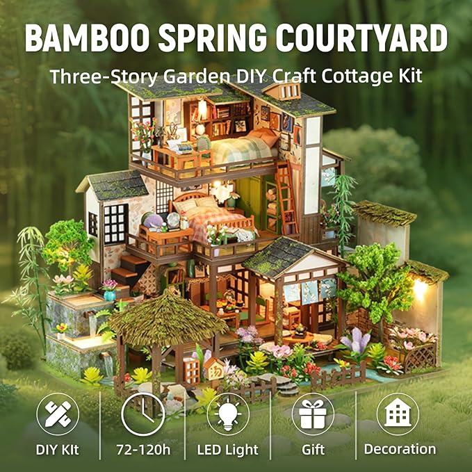 DIY Miniature House Kit with LED Lights, Bamboo Spring Courtyard Wooden Mini House Building Kit for Adults & Teens, Creative Crafts for Women, Friends & Hobbyists