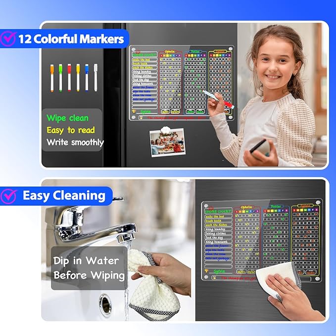 PigPotParty Acrylic Magnetic Chore Chart for Multiple Kids, 3-Kid Family, 16"x12" Large Dry Erase Chore Board, Responsibility Chart for Teens & Adults, with 12 Markers & Towel