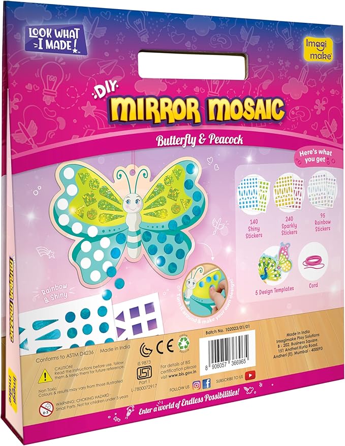 Imagimake Mirror Mosaic Butterfly & Peacock Kids Art Set | DIY Craft Kit | Foil Stickers for Kids | Mosaic Kit | Travel Toys | Birthday Gift for Girls and Boys Ages 3,4,5,6,7,8