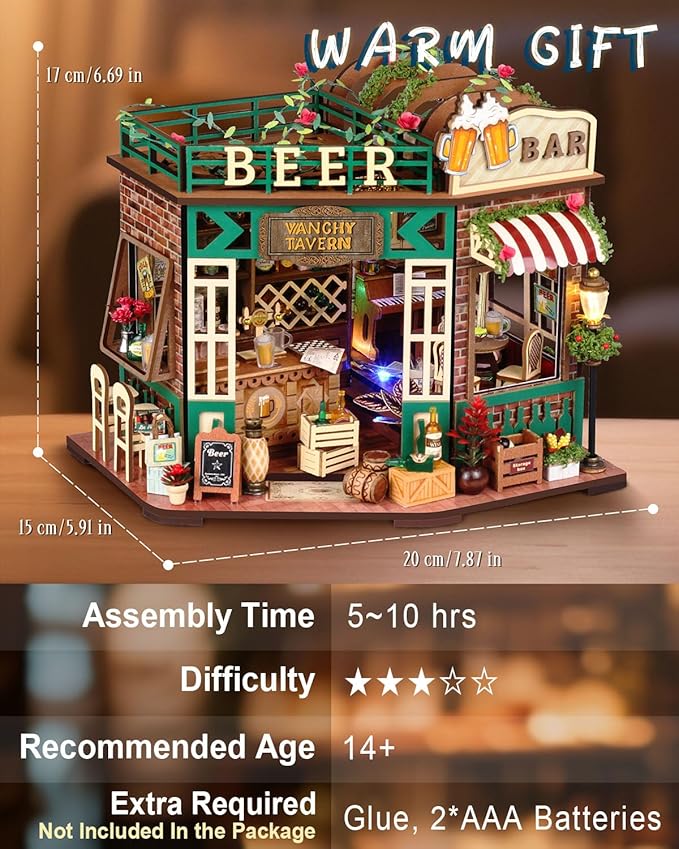 Miniature House Kit – Vanchy Tavern, DIY Wooden Dollhouse for Adults with LED & Furniture, Tiny House for Teens Families Friends