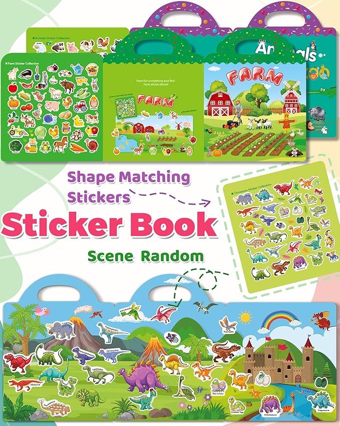 3 Pack Reusable Sticker Book for Toddlers 2-4 Years, Toddler Sticker Book for Kids, Toddler Activities Crafts Preschool Learning Travel Toys Birthday Gifts for Boys Girls Ages 1-3, 2-4, 3-5