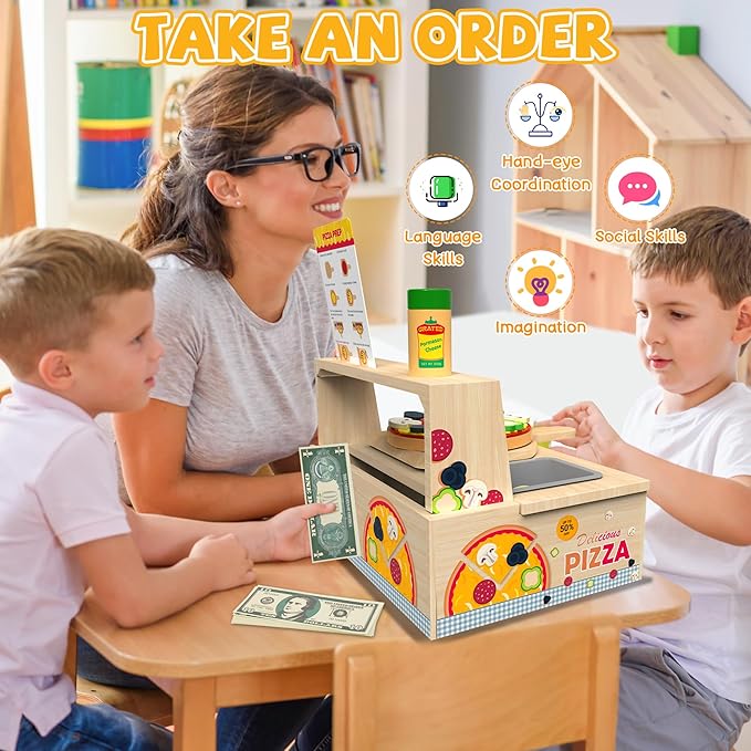 Wooden Pizza Toy - 48 PCS Montessori Pretend Play Food for Ages 3+, Educational Learning Toy Wooden Playset with Bake Oven, Christmas Birthday Gift for 3 4 5 6 Year Old