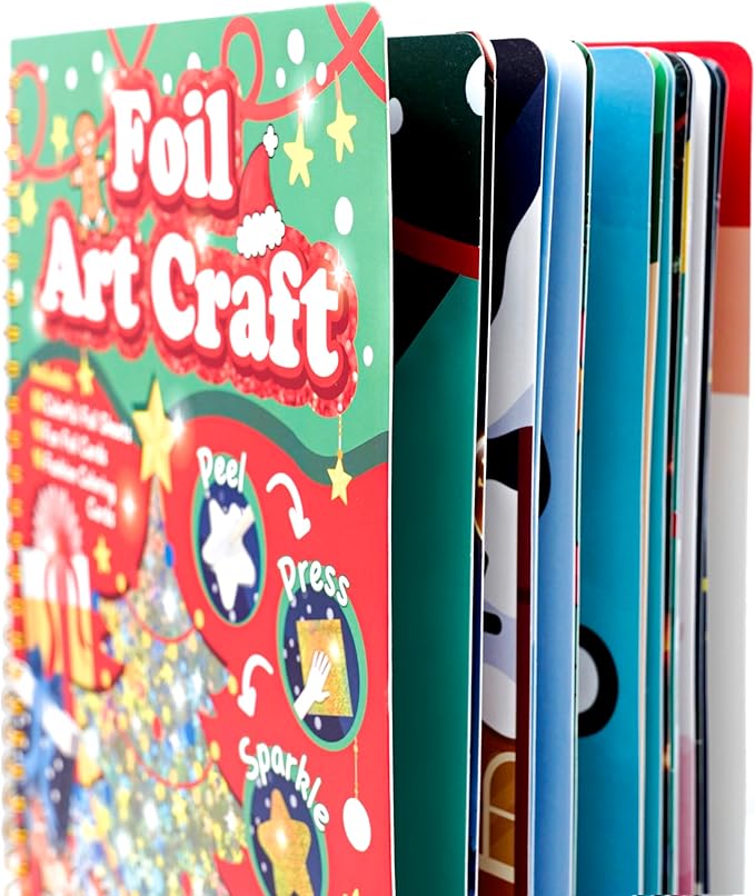 Fun & Mess-Free Foil Art Kit for Kids – 80 Foil Sheets & 32 Art Cards, No Glue Needed, Creative Craft Gift for Christmas Halloween Holiday Birthday（Christmas Version）