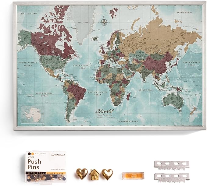 Canvas World Map with Cork Pin Board - English Lettering - Decorative Wall Decoration for All Rooms - Canvas Pictures with World Map Motif (90x60 cm, Pattern 11)