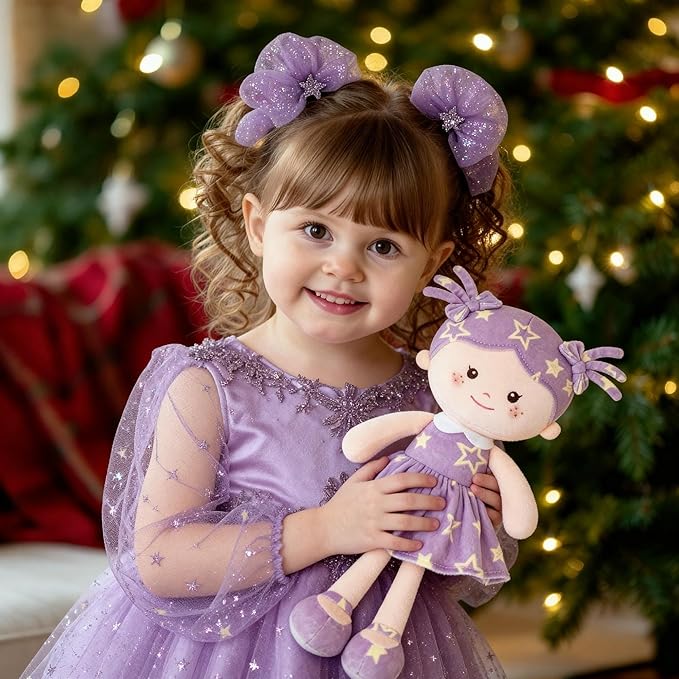 Onetoo Rag Doll Plush Baby Dolls Soft Baby Doll for Girls First Baby Doll Plush Sleeping Cuddle Buddy Doll Wear Star Purple Sleeveless Dress 14"