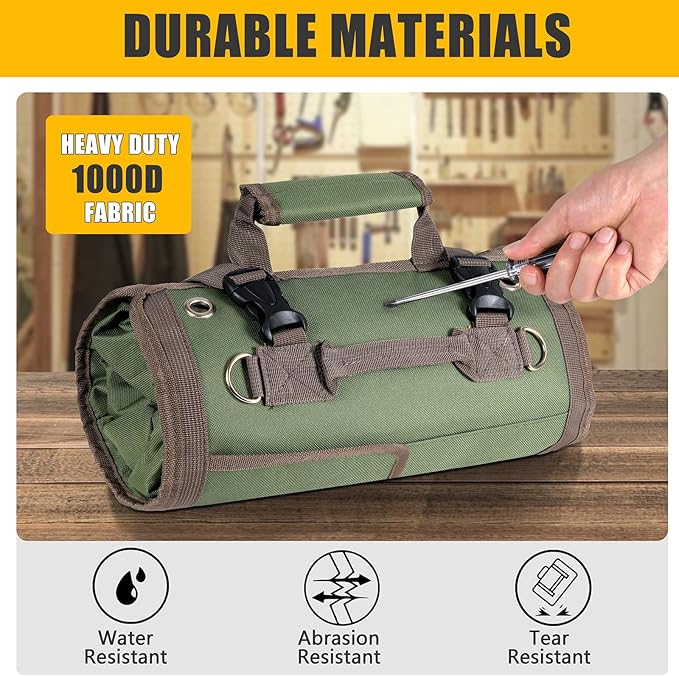Roll Up Tool Bag, Heavy Duty Tool Organizer with 2 Detachable Zipper Pouches, Compact Durable Tool Storage for Men Women, Perfect for Handyman, RV Owners, Dad Birthday or Father’s Day Gifts
