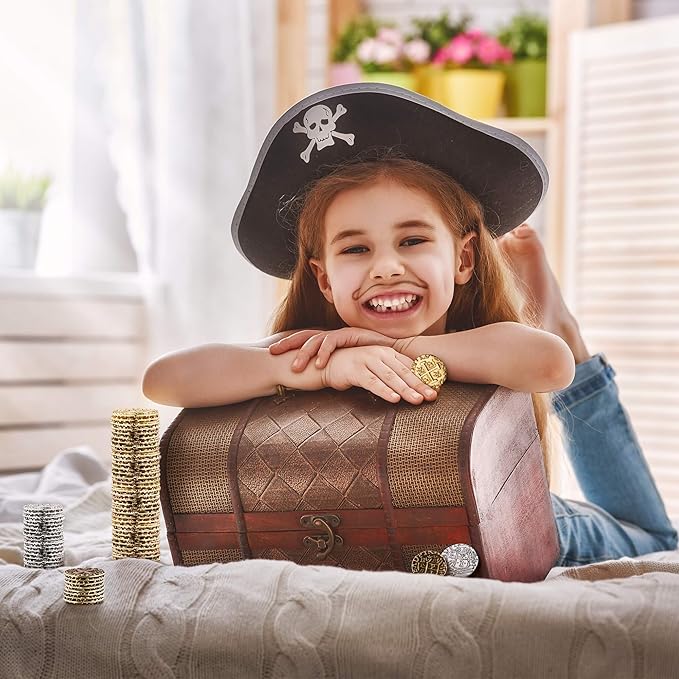 Large Pirate Coins - 36 Bronze, Silver & Gold Treasure Coin Set - Metal Replica Spanish Doubloons for for Pirate Party Decorations & Favors, Tokens, Cosplay - Pirate Treasure Chest - M, L, XL Sizes