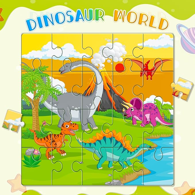 Magnetic Puzzles for Toddlers 3-5, 3 Pack Travel Puzzles for Kids Ages 3-6 with 60 Magnetic Pieces, Dinosaur, Solar System & Map Puzzles, Road Trip Activities Toys & Birthday Gifts for Boys Girls