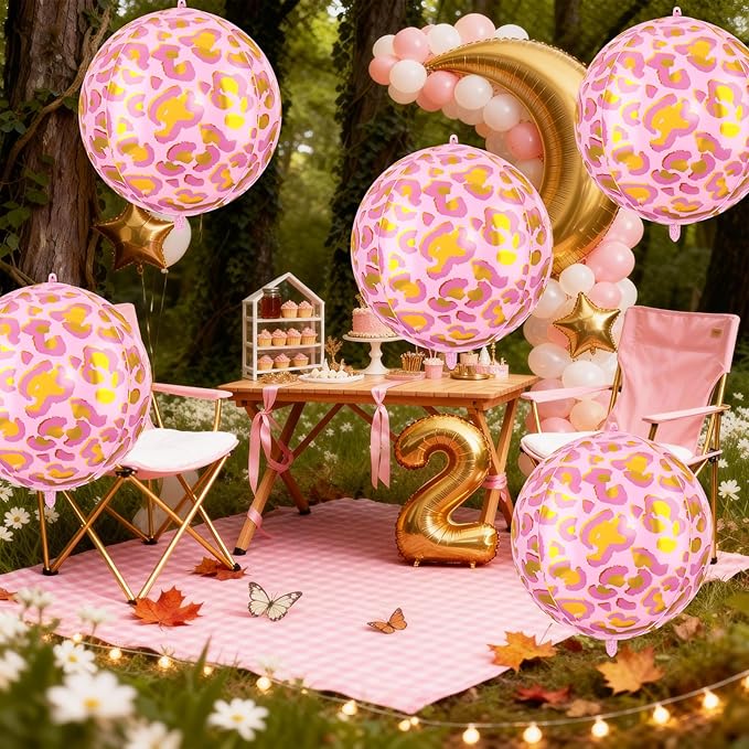 6Pcs 22 Inch Pink Leopard Print Foil Balloons, Large Metallic Round Animal Print Balloons for Jungle Safari Theme Birthday Party Decorations