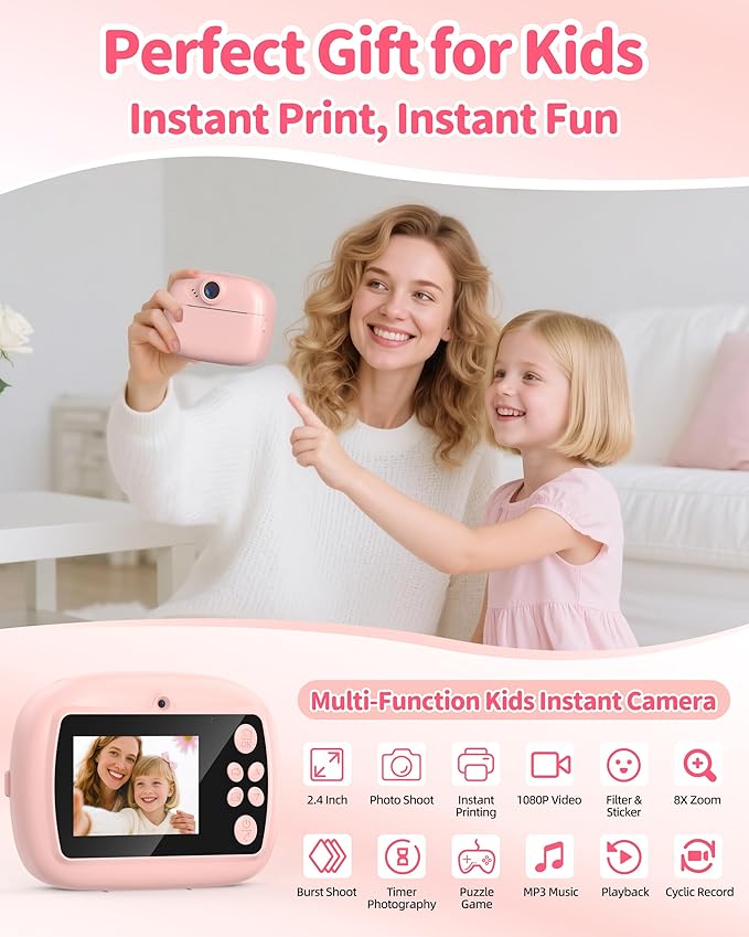 Kids Instant Print Camera,1080P Video Instant Digital Camera for Kids, Christmas Birthday Gift for Girls and Boys Age 3 4 5 6 7 8 9 10, Toy Camera with 32GB SD Card,Christmas Stocking Stuffers, Pink