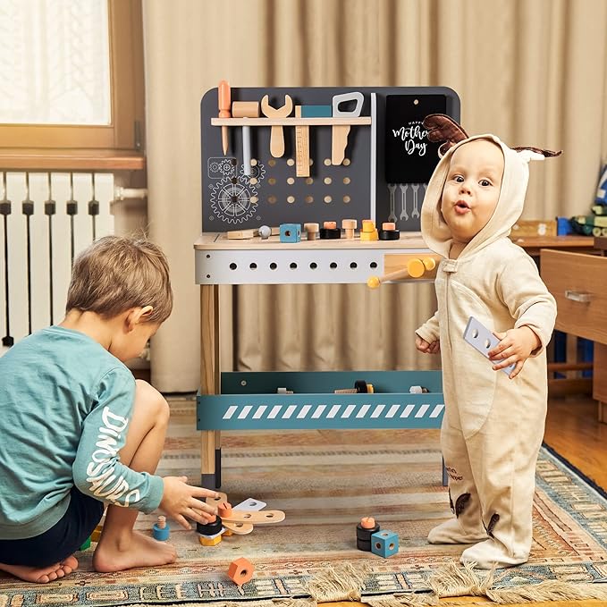 ROBOTIME Kids Tool Bench, Wooden Toy Tool Bench with Realistic Tools and Electric Drill, Kids Workbench for Kids Pretend Play Learning, Toddler Tool Bench Gift for Boys & Girls Age 3-5 (Blue)