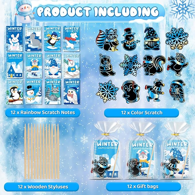 12 Pack Winter Scratch Art Party Favors for Kids - Rainbow Scratch Paper Snowflake Penguin Scratch Off Cards Frozen Birthday Goodie Bags Stuffers - Return Christmas Gifts DIY Classroom Prizes