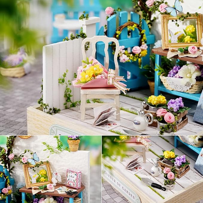 TuKIIE DIY Miniature Dollhouse Kit with Furniture, 1:24 Scale Creative Room Mini Wooden Doll House Plus Dust Proof for Kids Teens Adults(Corner of Garden)