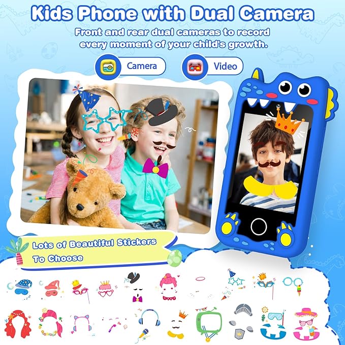 Kids Smart Phone Christmas Birthday Gifts for Boys Age 3-10 Dinosaur Toys Smart Phone 2.8" Touchscreen Built-in 32G SD Card Dual Camera 28 Learning Games MP3 Music Player
