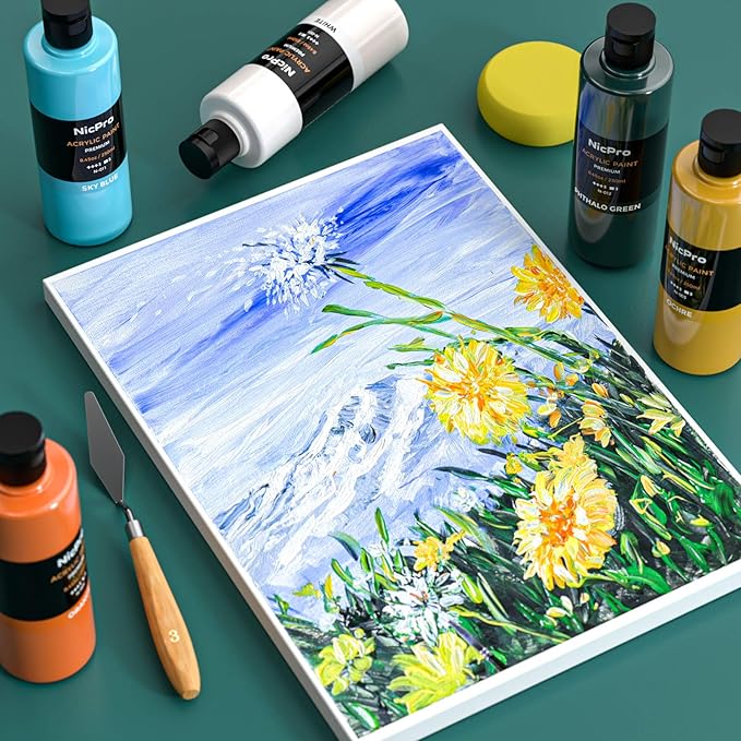 Nicpro 18 Colors Large Acrylic Paint Set, 8.45oz/250 ml Artist Painting Supplies Bulk Non-Toxic For Multi Surface Pumpkin Canvas Wood Fabric Leather Cardboard Paper Crafts Rock Hobby with Color Wheel