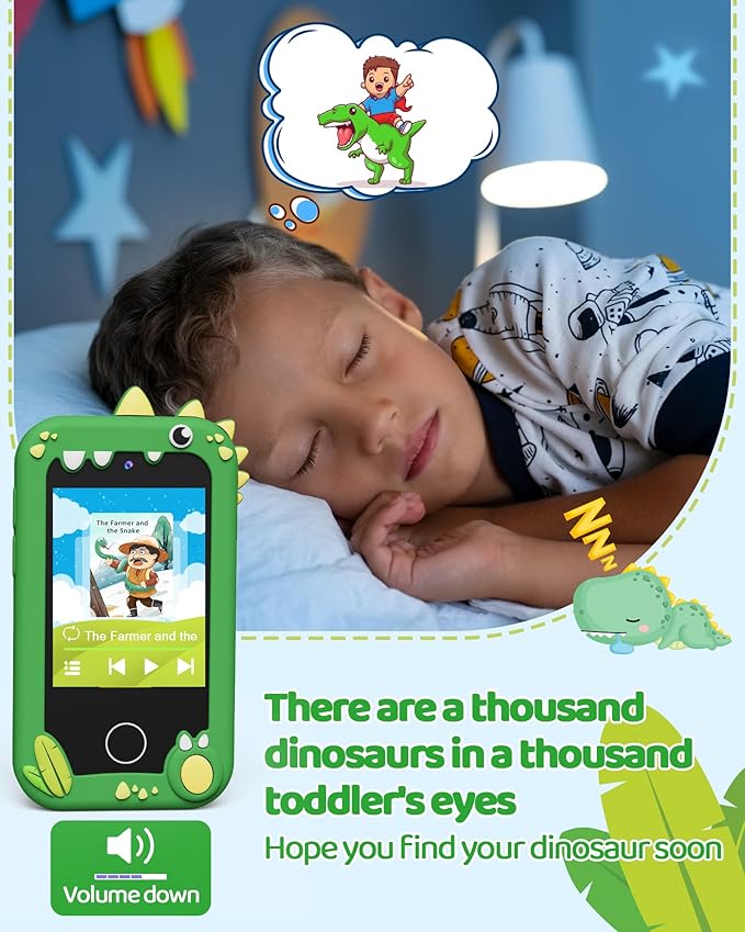 KOKODI Kids Smart Phone Toys, Touchscreen HD Dual Camera Cell Phone for Kids, Birthday Gifts Dinosaur Child Play Phone for Boys 3-10, Travel Preschool Learning Toy (Green)