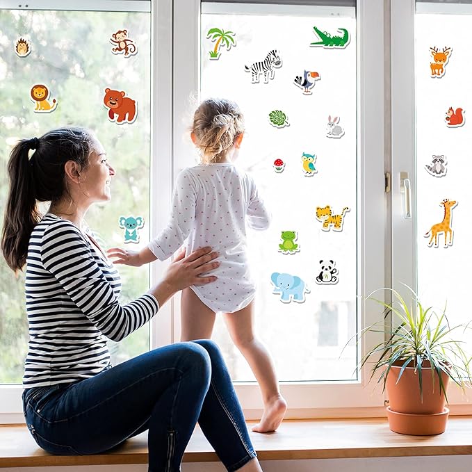 40 PCS Jungle animals Thick Gel Clings Winter Safari Window Gel Clings Decals Stickers for Kids Toddlers and Adults Home Airplane Classroom Nursery Winter Zoo Animals Party Supplies Decorations