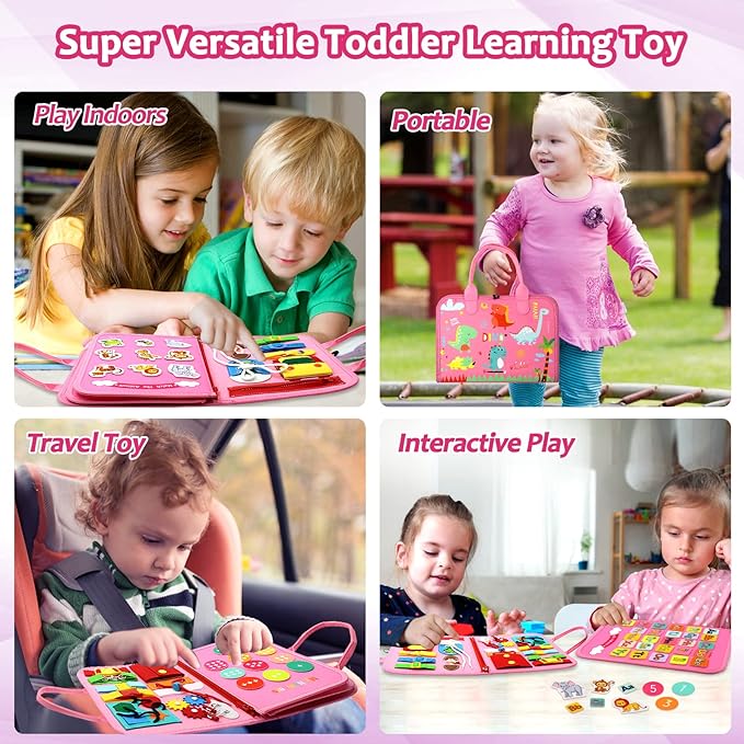 Qizfun Busy Board Montessori Toy for Toddlers, Educational Sensory Learning Toy for Fine Motor Skills, Preschool Travel Toy for Airplane & Car, Gifts for Boys and Girls (Pink/P4)