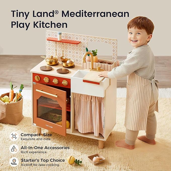 Tiny Land Play Kitchen, Kids Kitchen Playset, Toddler Kitchen with Cutting Food Set, Wooden Kitchen Sets for Kids, Best Gift for Girls and Boys