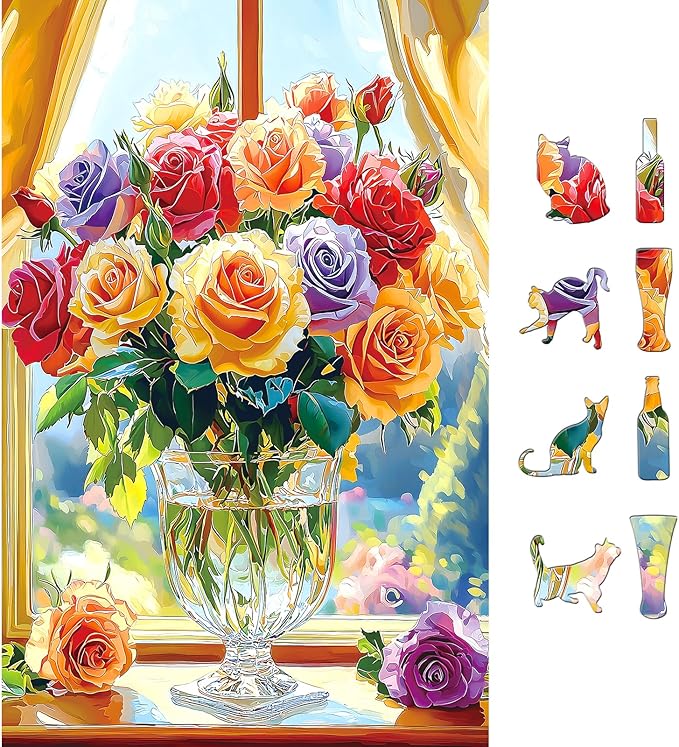 500-Piece Jigsaw Puzzle for Adults - Colorful Roses in Glass Vase, 23x15 Inch Challenging Puzzle, Floral Puzzle for Adults & Teens, Premium Thick Cardboard Pieces with Reference Poster
