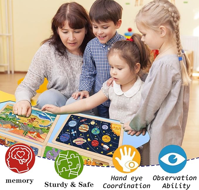 Puzzles for Kids Ages 4-6, 4 Packs 24 Piece Wooden Jigsaw Puzzle for Toddlers 5-8, Preschool Educational Puzzle Boards Toys Gifts for 4 5 6 7 8 Boys Girls