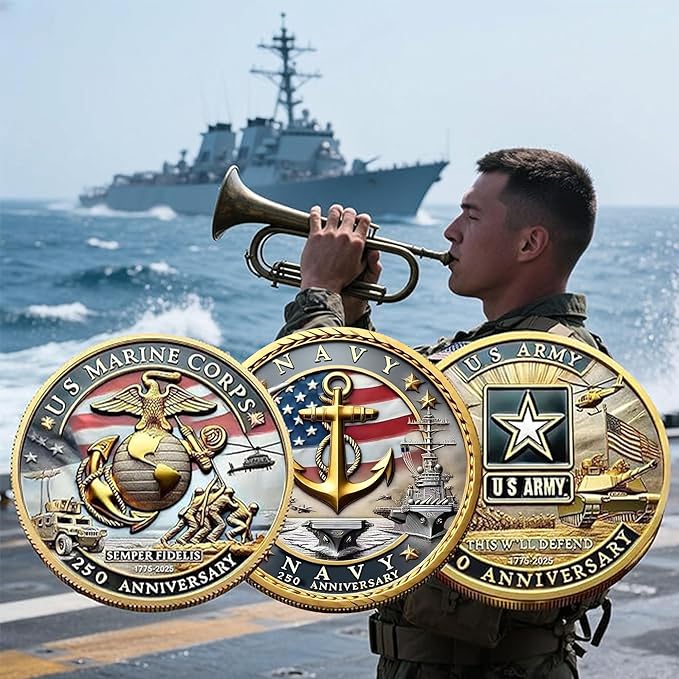 USMC 250th Anniversary Challenge Coin – 1.57" Double-Sided Gold-Plated Marine Corps Commemorative Coin – Military Gift for Veterans, Collectors, and Service Members(3pcs)