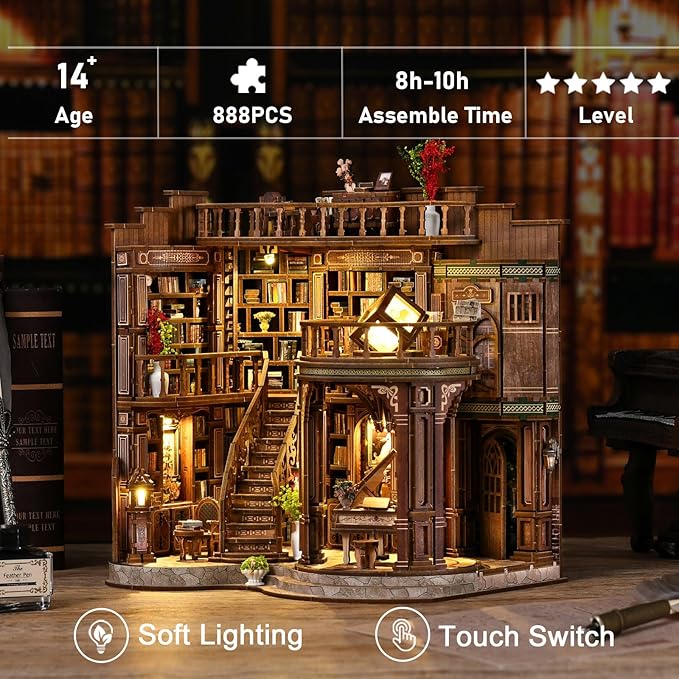 DIY Miniature House Kit, Mini House Building Kit, DIY Book Nook Kit, Tiny Model House for Adults to Build, Beginner 3D Wooden Book Nook, for Family Friends (Book Hall)