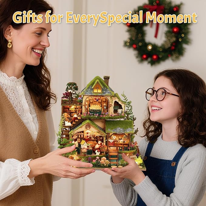 DIY Miniature House Kit with LED Lights, Forest Adventure Wooden Mini House Building Kit for Adults & Teens, Creative Crafts for Women, Friends & Hobbyists