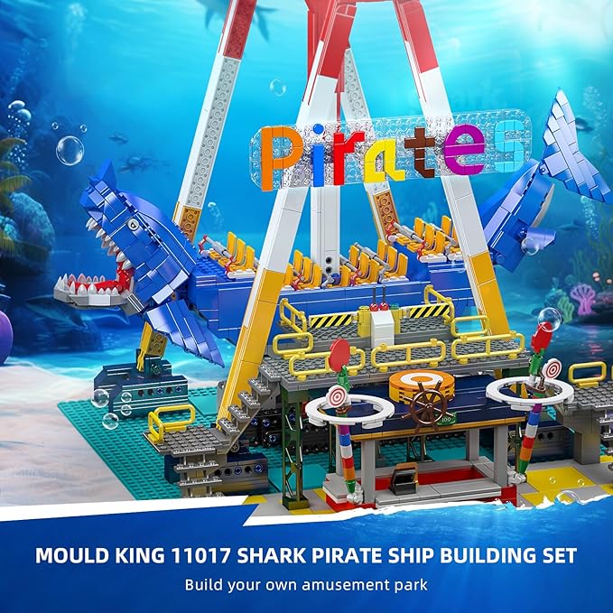 Mould King Pirate Ship Building Set, 1922+ Pcs Amusement Park Model Kit with Shark Shape, Swing Boat with Motor, Home Decoration Building Toys for Teens and Adults, Collectible Gift for Birthday