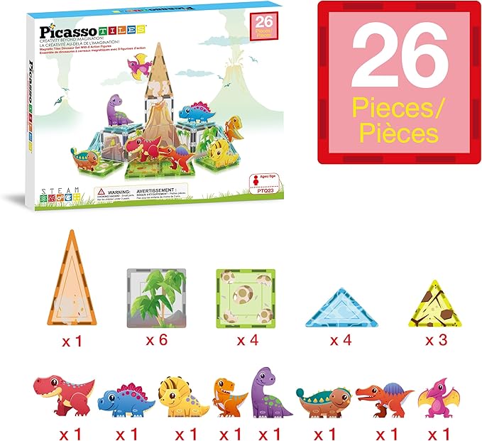 PicassoTiles Magnet Tile Building Blocks Dinosaur World Themed Playset with 8 Animal Character Action Figures Magnetic Tiles STEM Learning Pretend Play Toy Construction Set Boys Girls Ages 3+ PTQ23