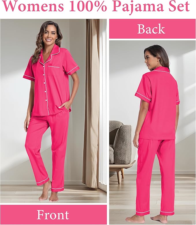 CF Womens 100% Cotton Pajamas Set Button Down Pjs Sets Short Sleeve Top & Long Pants Sleepwear Comfy Loungewear with Pockets